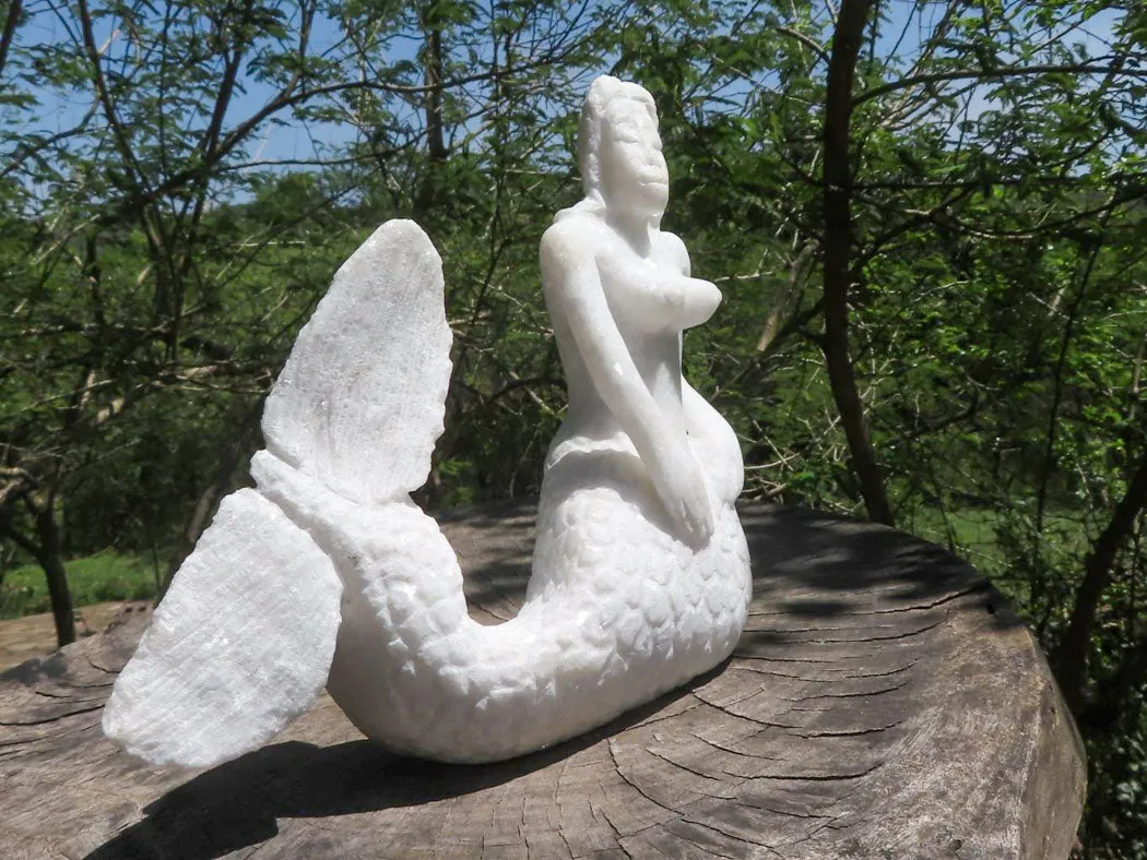 Polished Sparkling White Marble Mermaid Carving x 1 From Zimbabwe
