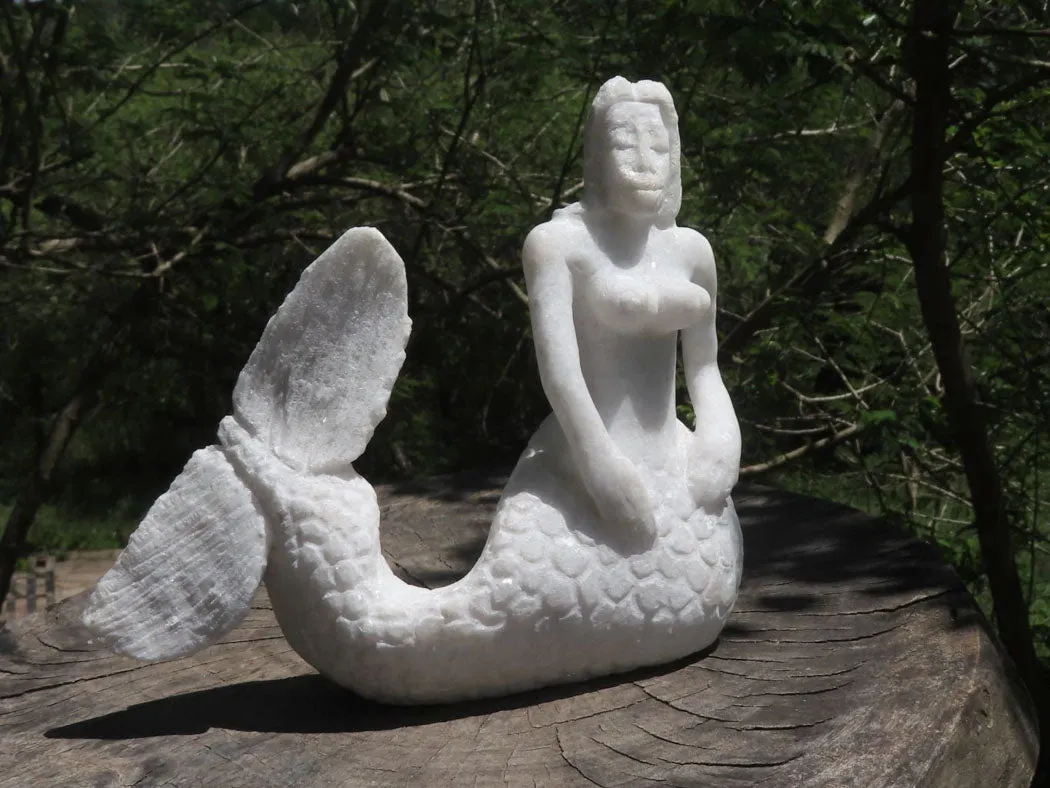 Polished Sparkling White Marble Mermaid Carving x 1 From Zimbabwe