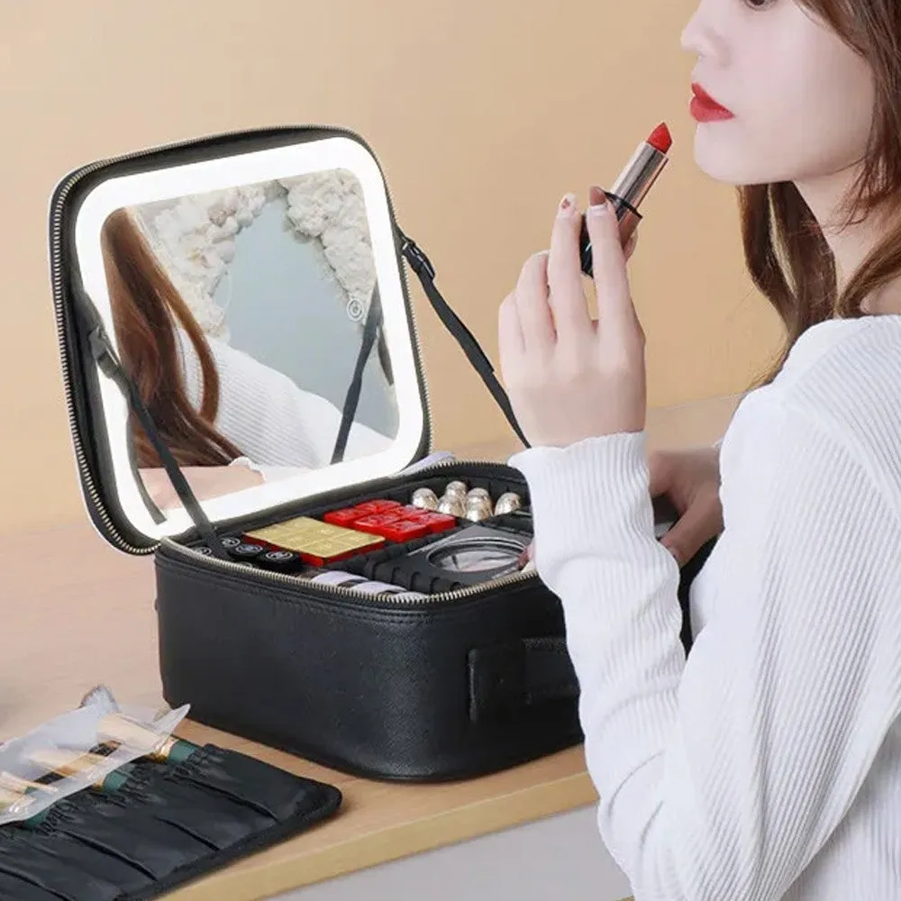 Portable Travel Large Makeup Case with LED Light Makeup Mirror Rechargeable Makeup Bag Black