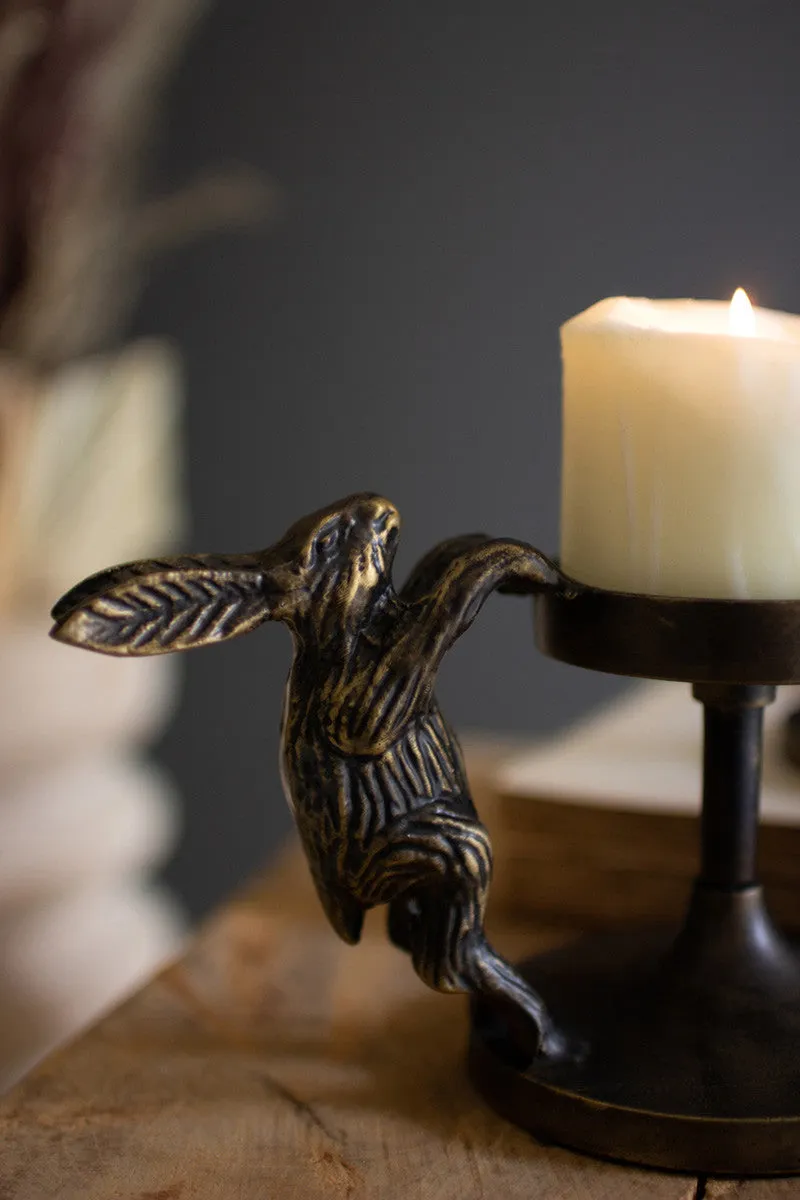 Set of 2 Antique Brass Cast Aluminum Rabbit Candle Holders
