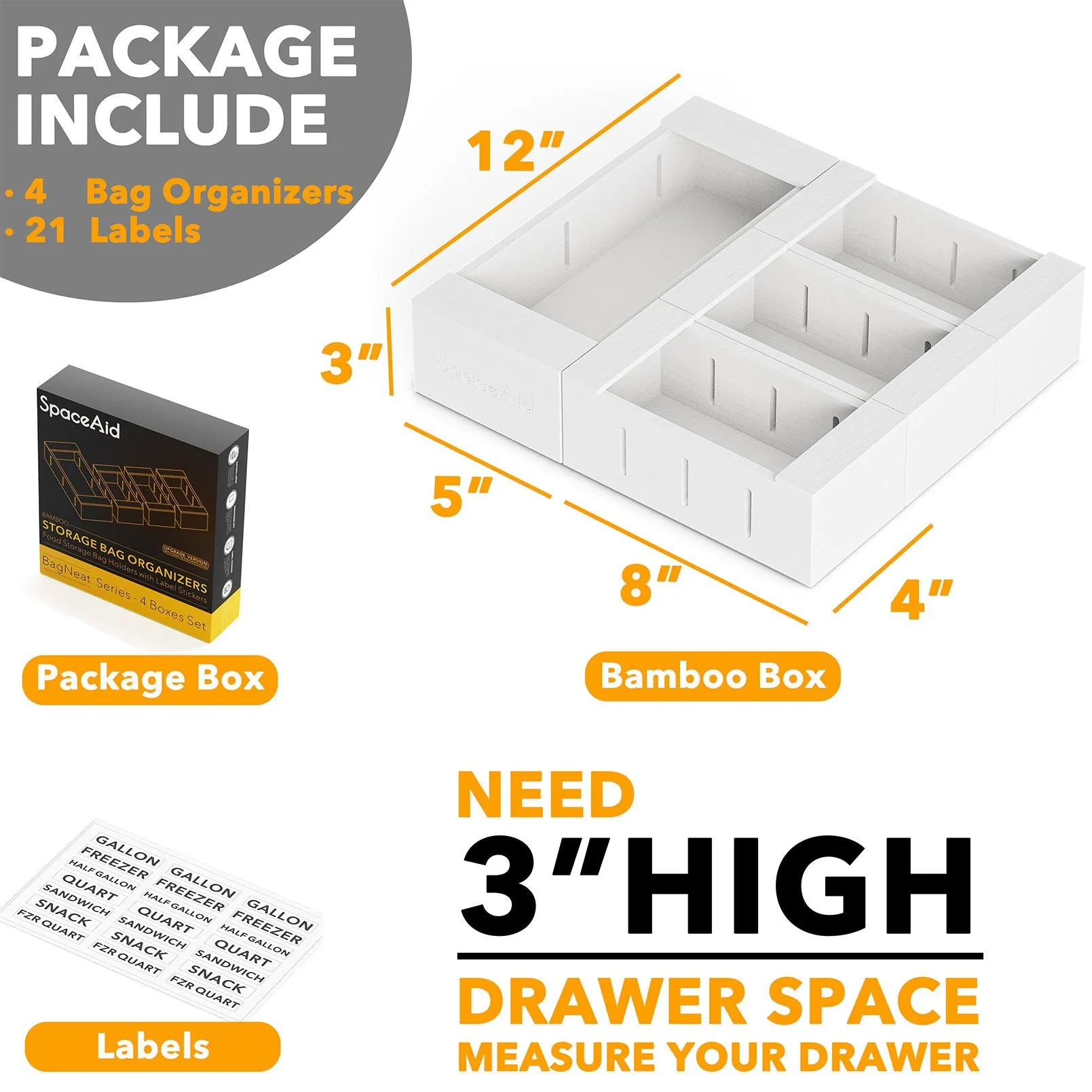 SpaceAid Bamboo Storage Bag Organizer for Kitchen Drawer, 4 Pack, White