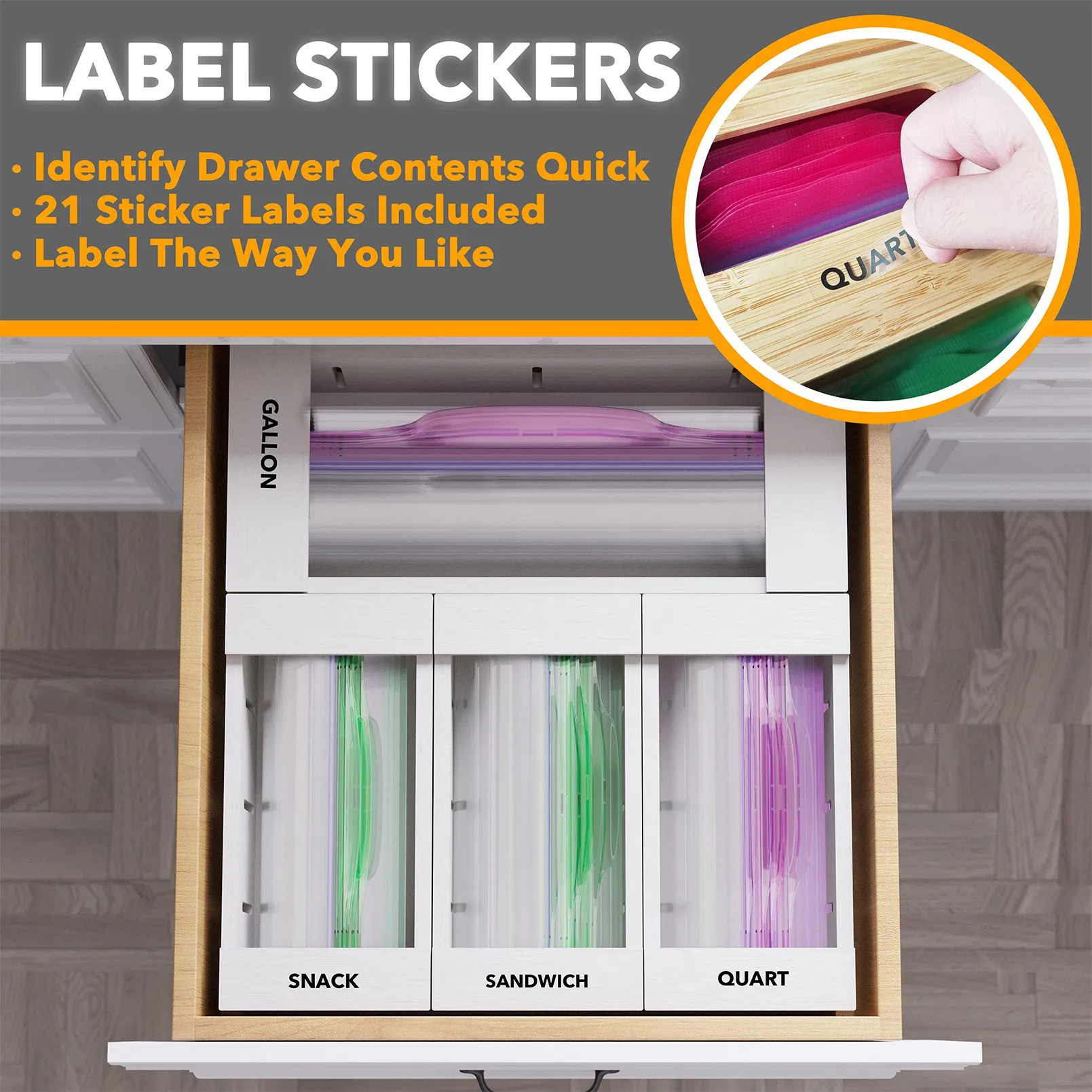 SpaceAid Bamboo Storage Bag Organizer for Kitchen Drawer, 4 Pack, White