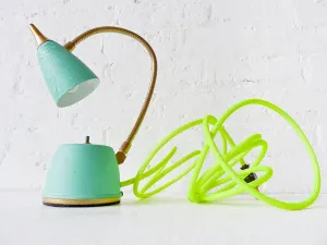 Spring Fresh Mint Green Gooseneck Lamp w/ Neon Yellow Net Color Cord - Vintage Wall/Table Sconce