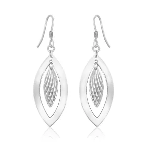 Sterling Silver Dangling Earrings Dual Open Textured Marquis Shapes