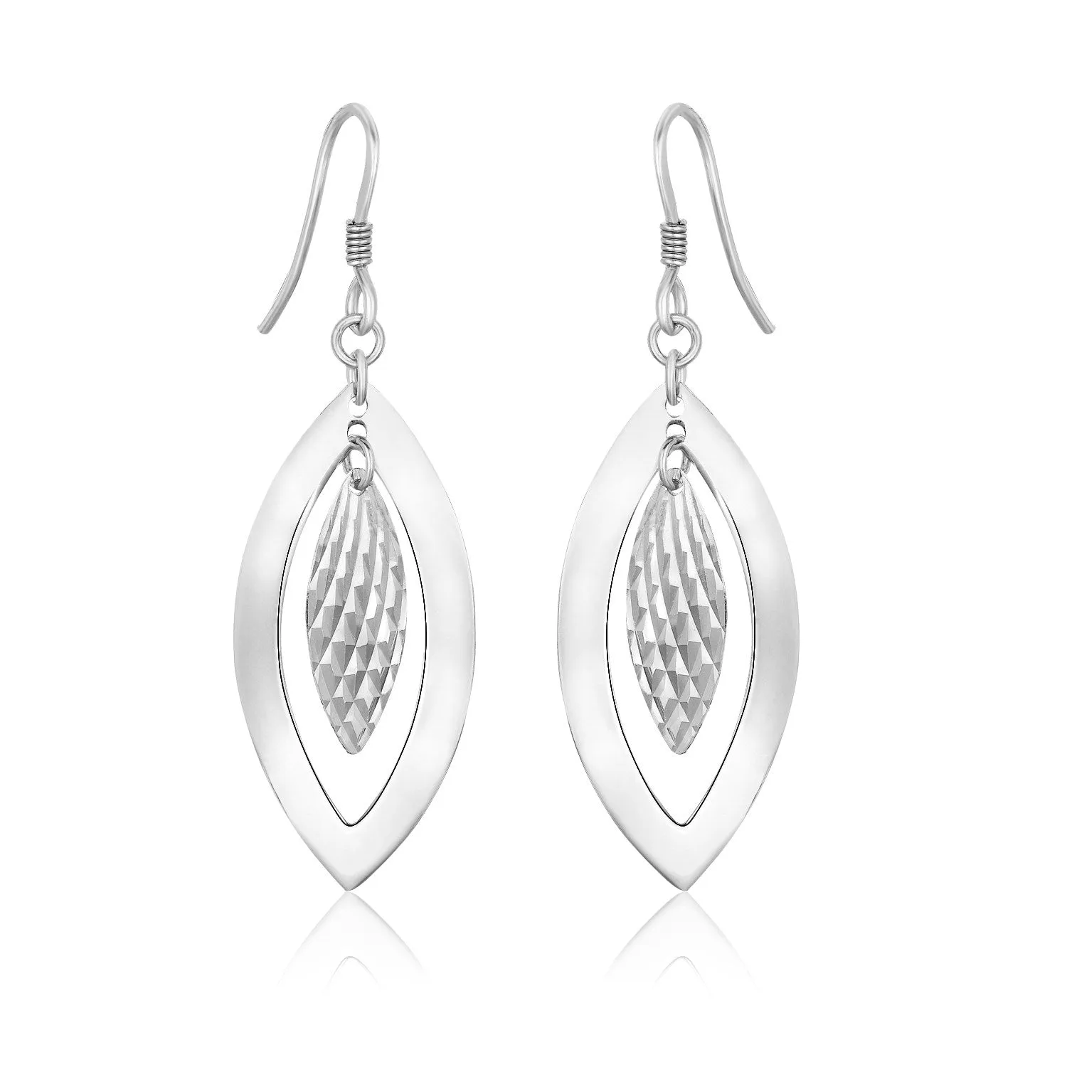 Sterling Silver Dangling Earrings Dual Open Textured Marquis Shapes
