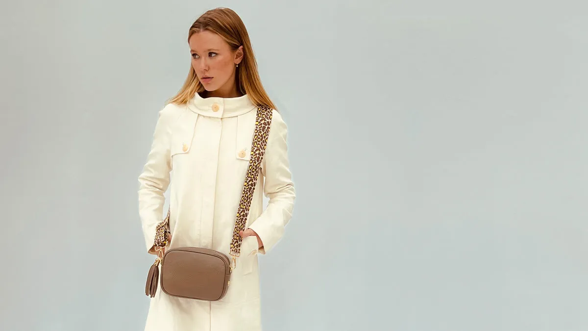 The Tassel Latte Leather Crossbody Bag With Lemon Cheetah Strap