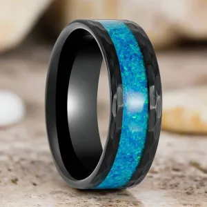 TIDAL | Black Tungsten Ring, Hammered, Blue Opal Inlay