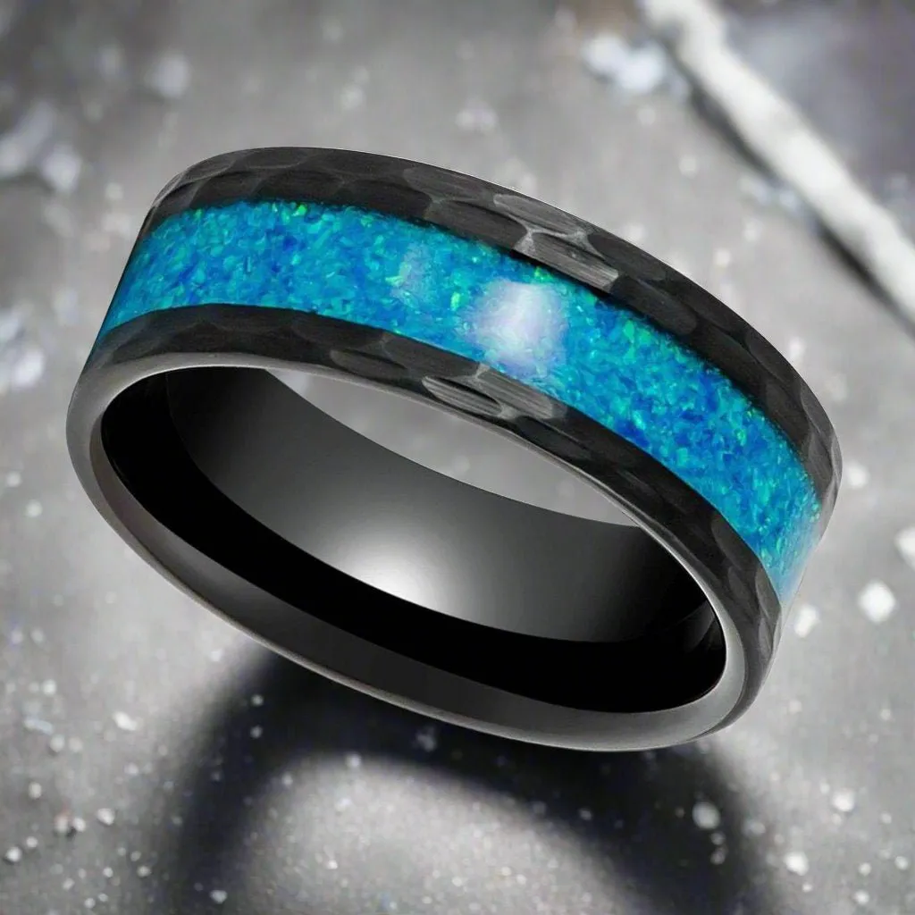 TIDAL | Black Tungsten Ring, Hammered, Blue Opal Inlay