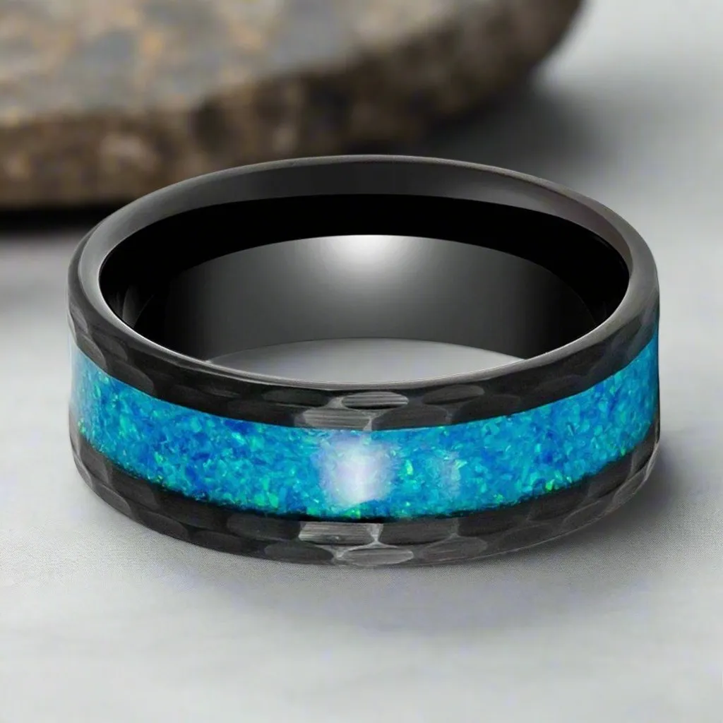 TIDAL | Black Tungsten Ring, Hammered, Blue Opal Inlay