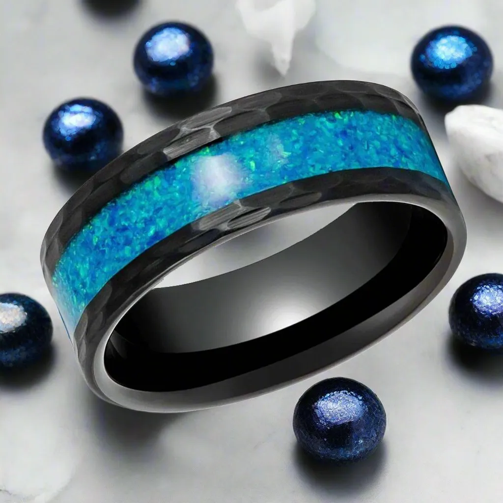 TIDAL | Black Tungsten Ring, Hammered, Blue Opal Inlay